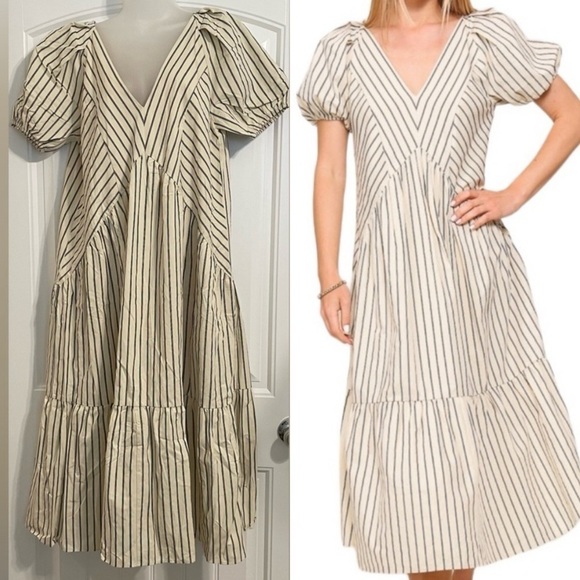 Lumiere Dresses & Skirts - Lumiere Women’s Midi Dress Large Cream Striped 100% Cotton Cottagecore Prairie